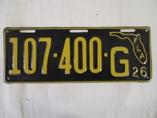 1926  Florida License Plate Tag BRILLIANT with MAP SHAPE   CLEAR YOM CHEVY FORD