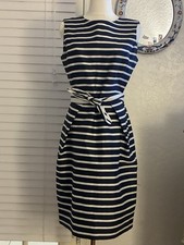 CAROLINA HERRERA Size 8 Navy Blue Strip Silk Cotton Sheath Pencil Dress EUC