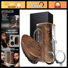 Men's Beard Brush Comb Kit - Travel Set with Natural Boar Bristles, Walnut Wood,