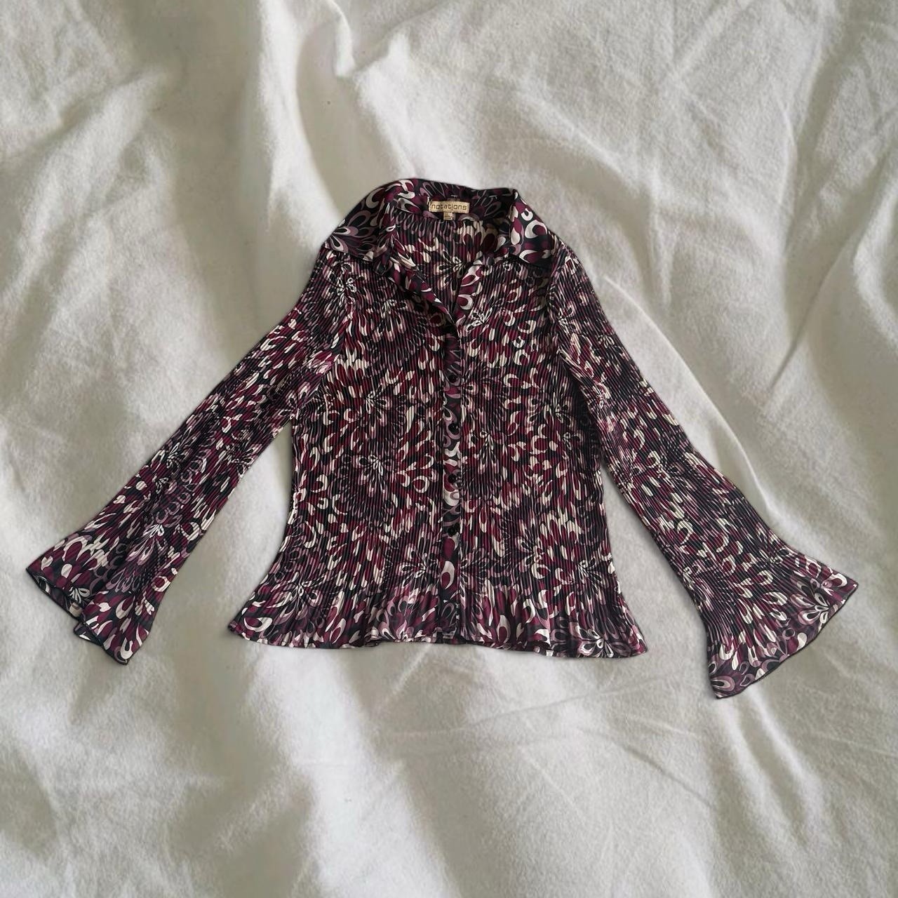 Plisse Button Down Ruffled Blouse Notations Size … - image 1