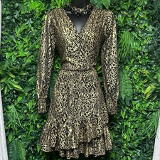 Michael Kors Dress Small Gold Metallic Black Snakeskin Faux Wrap Ruffle Hem 3832