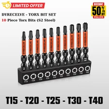 10Pc DYRECELVE Impact Torx Bit Set T15-T40 S2 Steel Magnetic 1/4" Hex Power