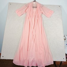 Vtg Women's Coral Peach Lace Chiffon Peignoir Set Sheer Double Layer Maxi Small