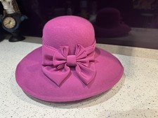 Vintage Jacques Vert Pink Wool Wide Brim winter Hat Satin Bow Made in England