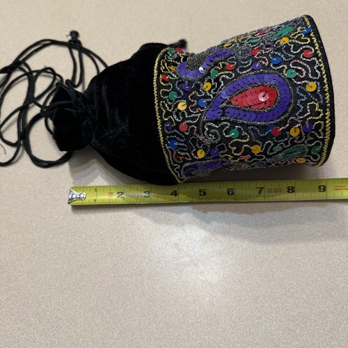 Black Velvet Small Beaded Pouch Bag Purse Boho Sequins Drawstring Tassle - Picture 10 of 11