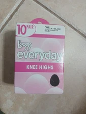 Leggs 10 Pair Jet Black Knee Highs Sheer Toe New In Box