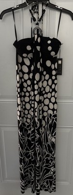 Carole Little Halter Dress Size 4 Black With Cream Accents Necklace Brand New