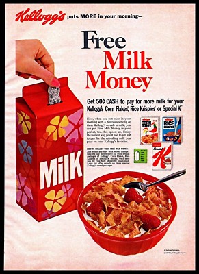 1969 Kelloggs Corn Flakes Cereal Milk Money Kitchen Vintage Photo PRINT AD 1960s