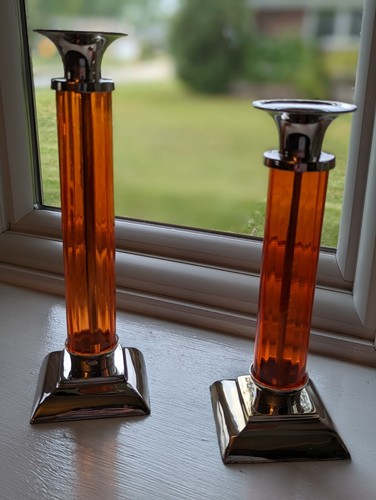 Vintage Kerzenständer orange & versilbert gestaffelt Größen Paar 2 MCM Dekor - Bild 8 von 14
