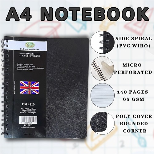 (Pack of 5) A4 Black Twin Wire Notebook with Pen Poly Cover 140 Ruled Pages - Picture 2 of 15