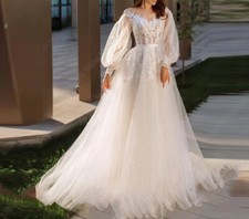 Long Puff Sleeve Princess Wedding Dresses O-Neck Applique Lace Bridal Gown Train
