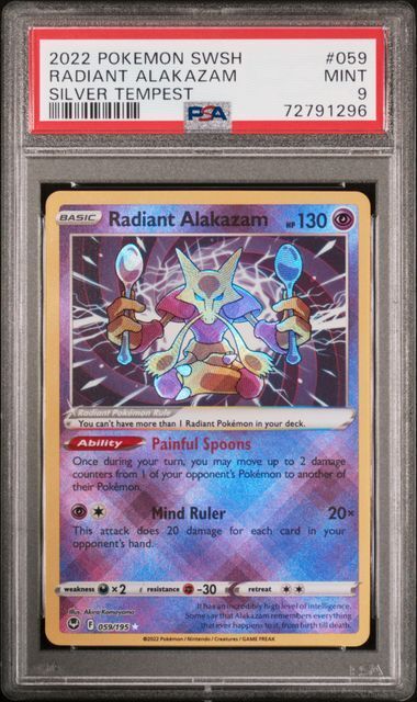 Radiant Alakazam SHINY HOLO RARE card 059/195 SWSH Silver Tempest 2022  Pokemon