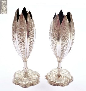 19C Chinese 2 Solid Silver Repousse Spill Vase Flower & Bamboo Marked 九江涂茂興