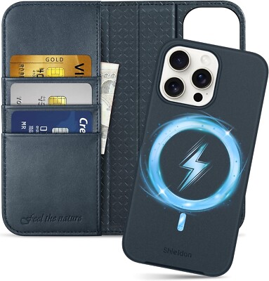 SHIELDON Wallet Case für iPhone 15 Pro Max, Echtleder abnehmbar magnetisch