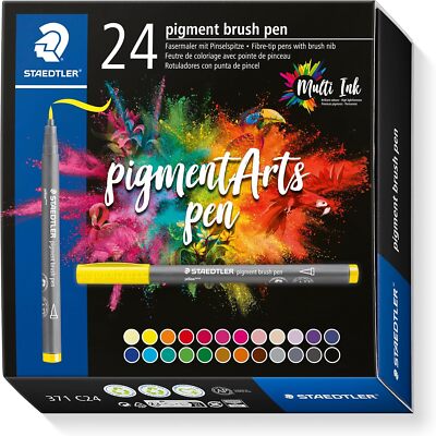 Staedtler Pigment Arts, Set 6/12/24 Faserspitzenstifte mit Pinselfeder Packung wählbar