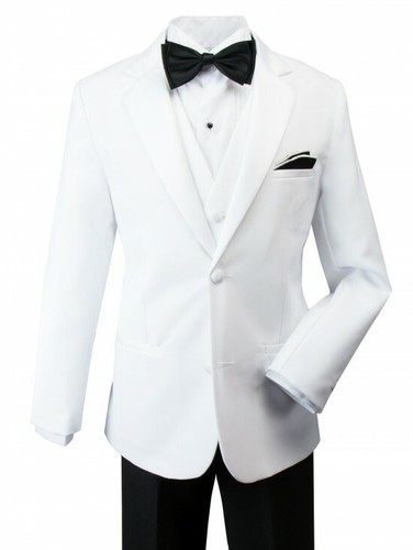 BLACK & WHITE Boys Slim Fit Tuxedo suit 5pc set coat,vest,pant,shirt,bow tie - Picture 2 of 4