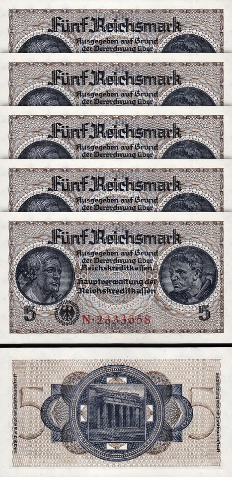 Germany 5 Reichsmark 1940 1945, UNC, 10 Pcs LOT, P -R138, Swastika, Watermark - Image 2 of 4