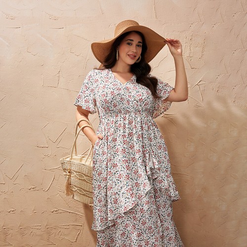 Plus Size Boho Women V-Neck Ruffle Floral Short Sleeve Midi Dress Party Dresses - Zdjęcie 11 z 22