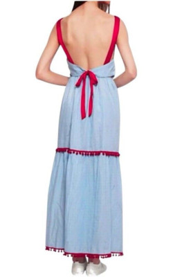 $128 America Beyond PomPoms Maxi Dress Large 10 12 Blue Tiny Dots Red Trim NWT