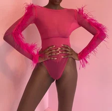 Sexy Neon Pink Bodysuit Monokini Festival Dance Stage Feather Mesh Jumpsuit