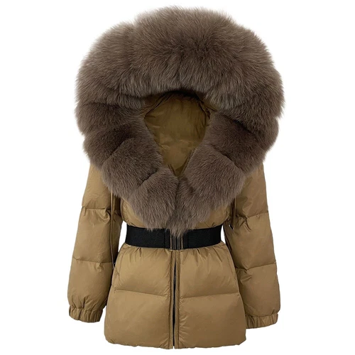 Winterjacke Damen echt Fuchspelz Kapuze dick warm weiß Entendaunenmantel - Bild 10 von 35