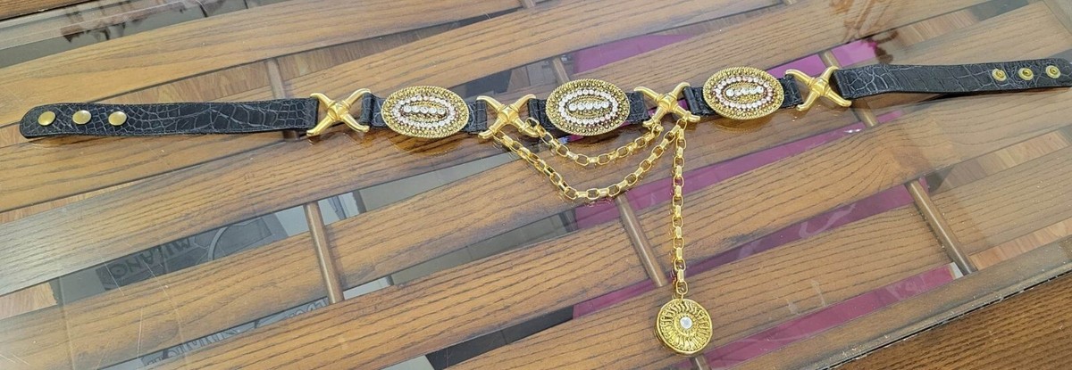 RHINESTONE MEDALLION DRAPED CHAIN LEATHER BELT | eBay
