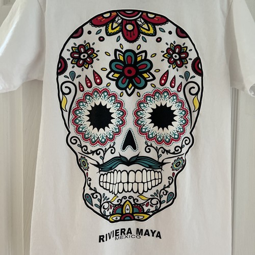 Sugar Skull Mustache White Tee shirt Medium Tan Tan Riviera Maya Mexico Hipster - Picture 2 of 4