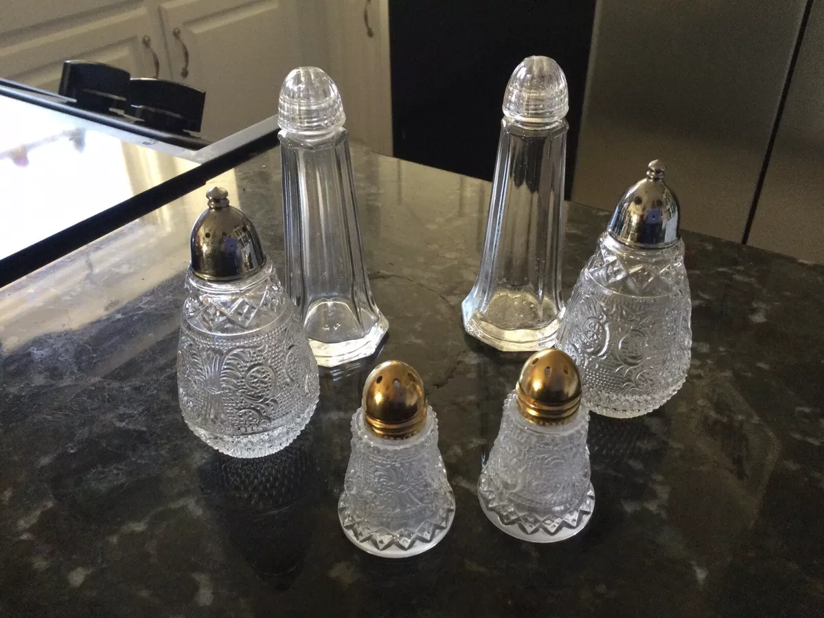 Three Sets of VInTAGE clear glass fancy salt and pepper shakers