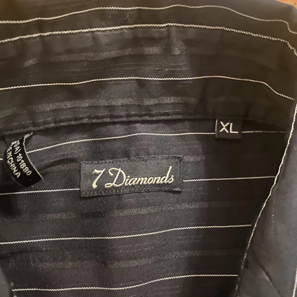 Camisa 7 Diamantes Para Hombre XL Negra A Rayas Manga Larga Vestido Con Botones Cuello Foto 2 de 4
