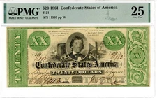1861 $20 Confederate States of America Note T-21 VF 25 PMG 1999968-006 S/N 11993