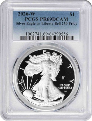 #ad #ad 2026 W $1 American Silver Eagle Liberty Bell 250 Privy PR69DCAM PCGS $231.00