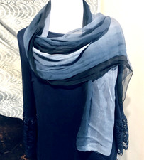 ELLEN TRACY Blue Gray 100 SILK SCARF Oblong Sheer CREPE 13" x 56" Soft Stripes