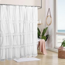 Elegant Off White Shower Curtain with Handmade Ruffles and Lace Trim, 72" x 7...