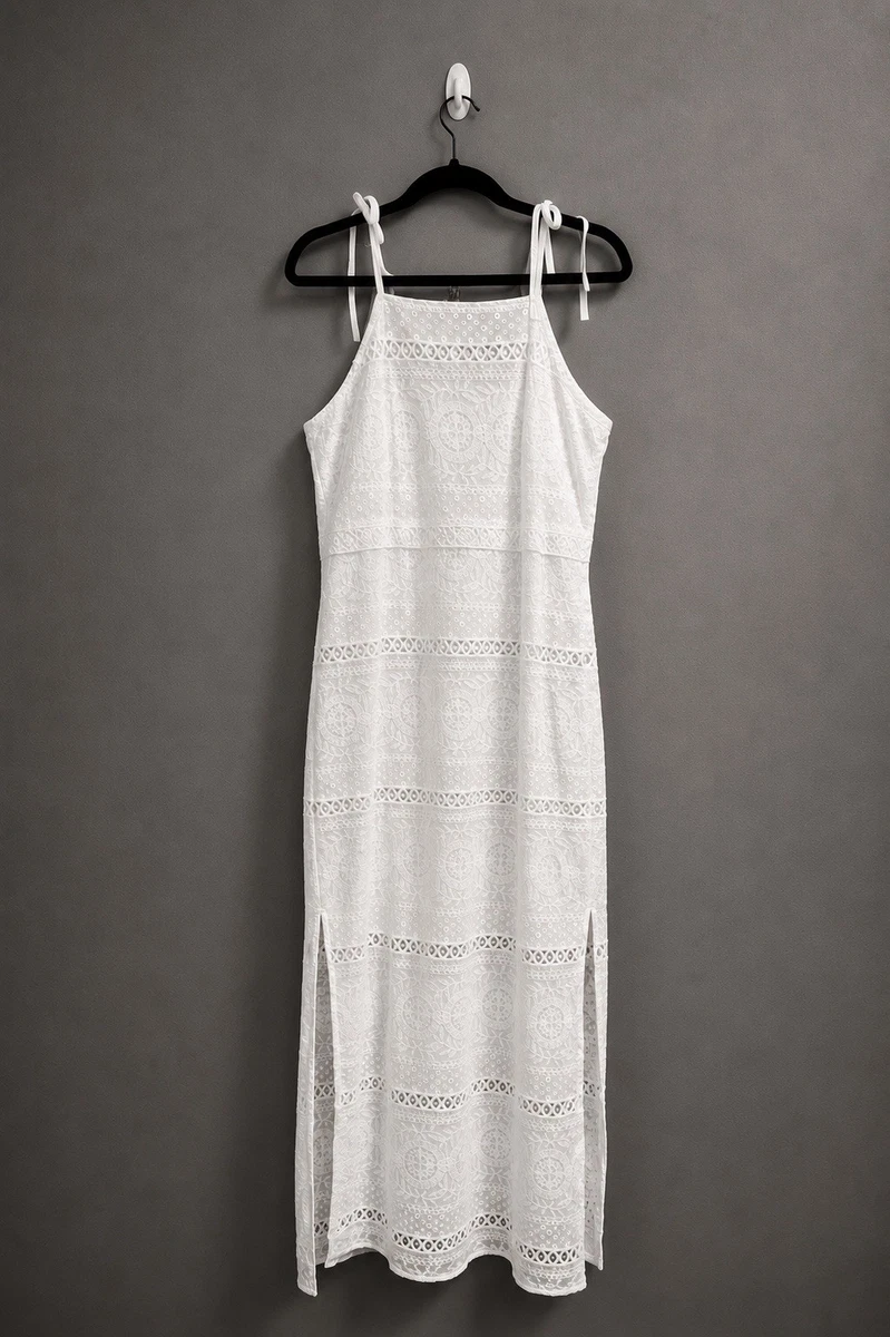 white house black market white lace dress Women's Button-Front Lace Midi Dress in Ivory size 12
