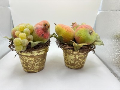 VTG Sugared Plastic Fruit Metal Gold Aged Pot Apples Grapes Pomegranate Pear MCM