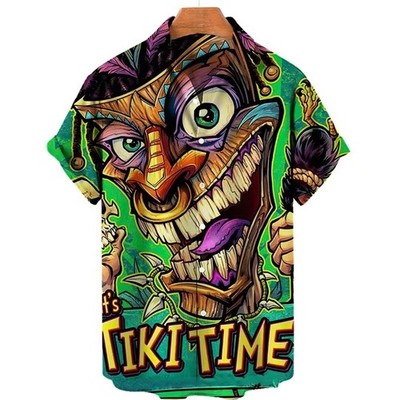 Herren Button Down Tiki Maske Grafik Hawaii Oberteil Neuheit Urlaub Sommer Hemd