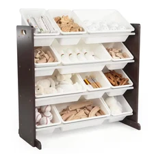Espresso Collection Espresso and White Kids Toy Storage Organizer with 12 Plasti