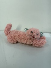 Vintage Handmade Pink Yarn Cat Plush Chenille Ears Jewel Eyes Blue Bow Adorable