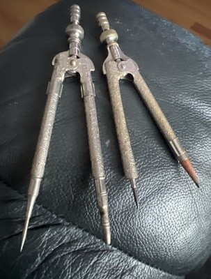 Vintage Drafting Compass & Divider Lot Art Etched Metal  Tools Eagle Pencils NY