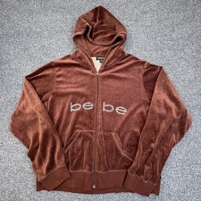 Bebe Velour Zip Up Hoodie Women XL Brown Rhinestone Logo Y2K McBling Glam Hooded
