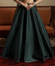 Women  s Indian Long A-Line Green Satin Tasseled Lehenga Skirt, Size XS