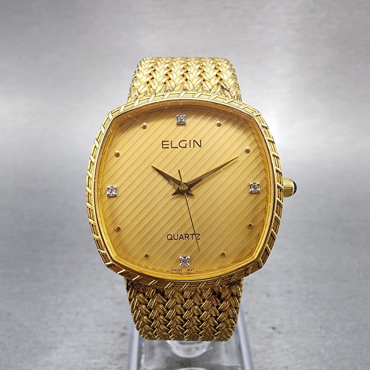 ELGIN 時計　ダイヤ Elgin Men's Watch Diamond Date Quartz Black-Dial Gold Tone New