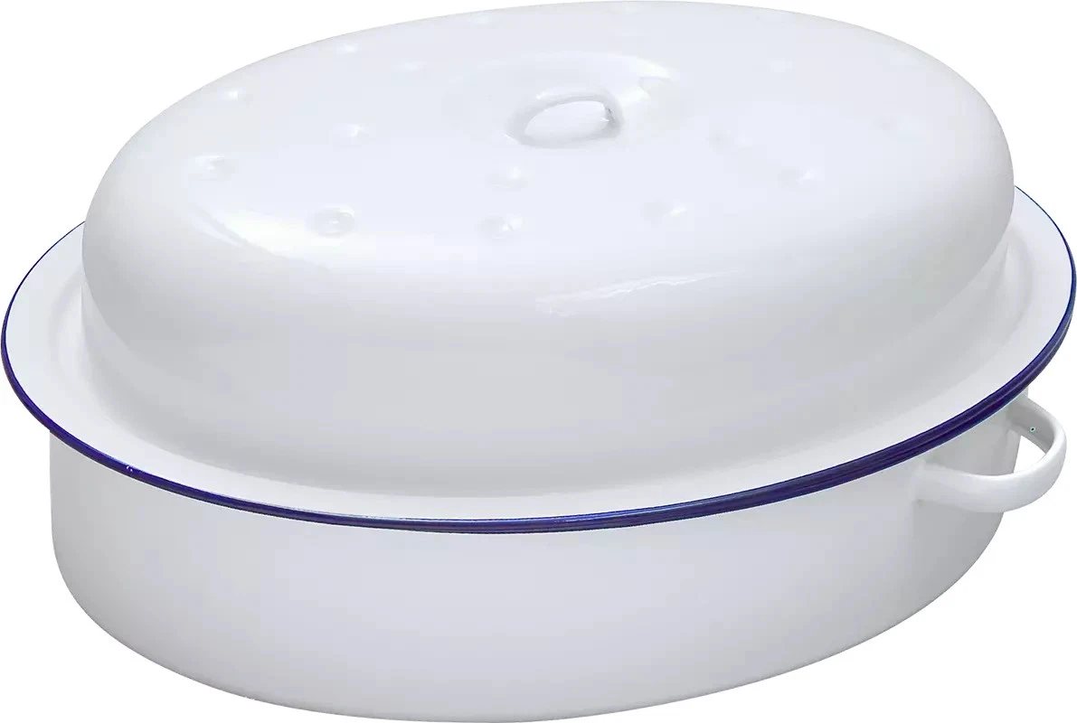26 CM WHITE ENAMEL OVAL ROASTER DISH ROASTING OVEN CASSEROLE PAN TRAY WITH LID