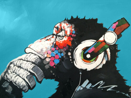 Modern Abstract Art Monkey Chill DJ Headphones CANVAS PRINT blue poster 24"X16"