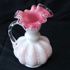 Vintage Fenton Milk Glass Pitcher Pink Ruffled Rim clear handle 6 inches tall