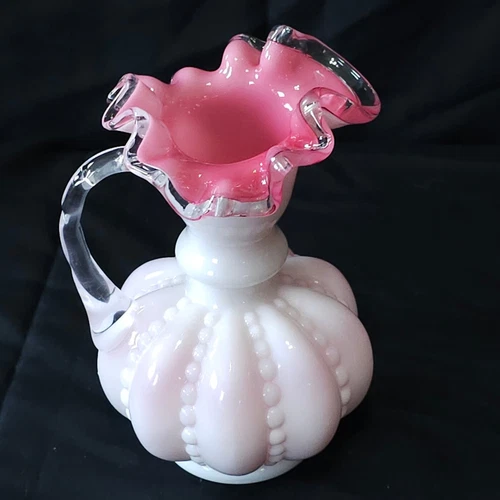 Vintage Fenton Milk Glass Pitcher Pink Ruffled Rim clear handle 6 inches tall