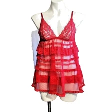 Victoria's Secret red chemise lingerie nighty lace sheer tiered ruffled S
