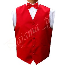 NEW RED Satin Solid Vest Waistcoat and Bow Tie Suit or Tuxedo Formal Prom