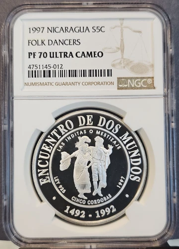1997 NICARAGUA SILVER 5 CORDOBAS S5C FOLK DANCERS NGC PF 70 ULTRA CAMEO RARE