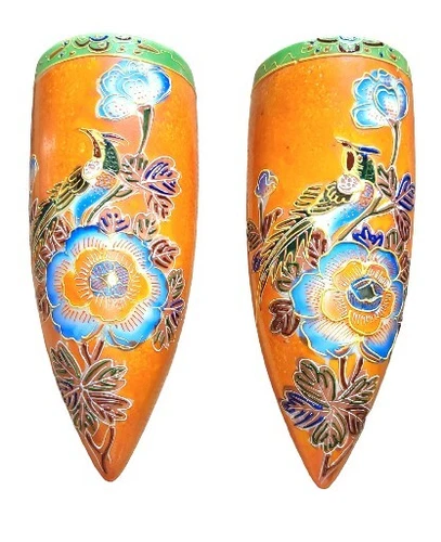 Pair Vintage Hand Painted Floral Wall Pocket Planter Vase Orange Japan Set Of 2